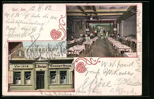 AK Kiel, Brunswiker Varieté-Concerthaus, Strassenansicht, Innenansicht