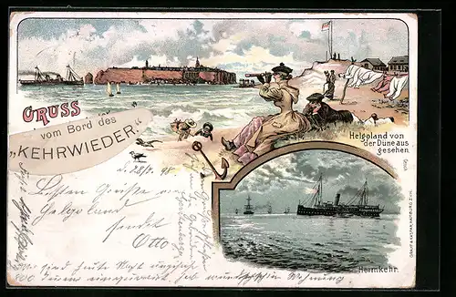 Lithographie Helgoland, Ansicht von der Düne, Dampfer Kehrwieder