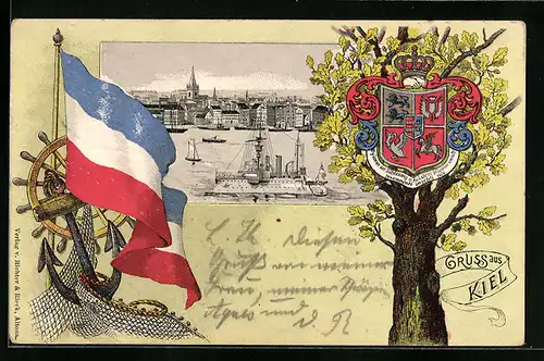 Passepartout-Lithographie Kiel, Ortsansicht mit Schiffen