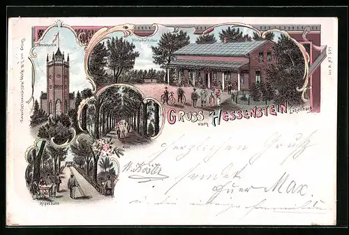 Lithographie Lütjenburg, Gasthaus Hessenstein, Kegelbahn, Allee