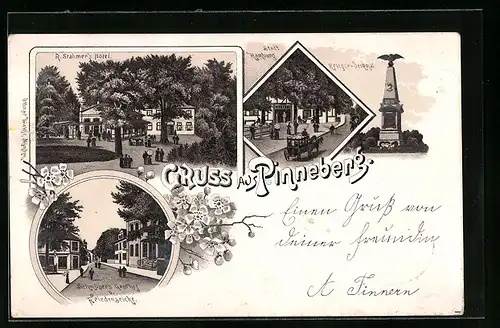 Lithographie Pinneberg, R. Stahmer`s Hotel, Schmüser`s Gasthof u. Friedenseiche