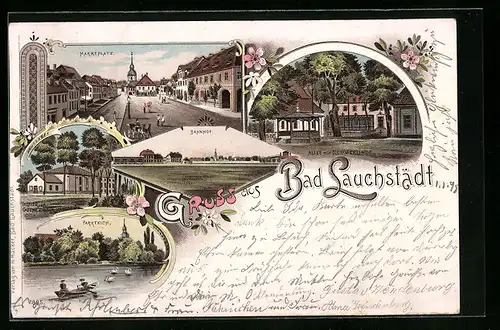 Lithographie Bad Lauchstädt, Marktplatz, Allee mit Schillerlinde, Bahnhof