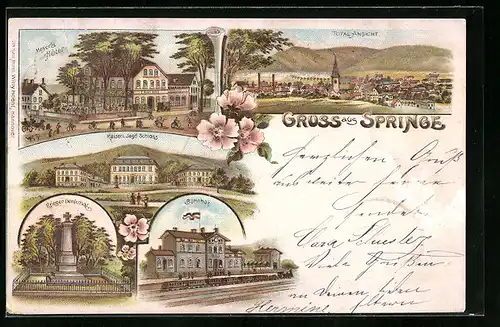 Lithographie Springe, Meyers Hotel, Totalansicht, Kaiserl. Jagdschloss, Bahnhof