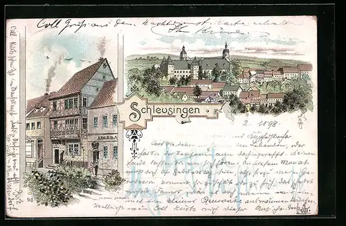 Lithographie Schleusingen, Ortsansicht, Geschäftshaus Alfred v. Prestberg