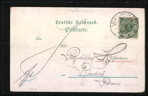 Lithographie Schleusingen, Ortsansicht, Geschäftshaus Alfred v. Prestberg