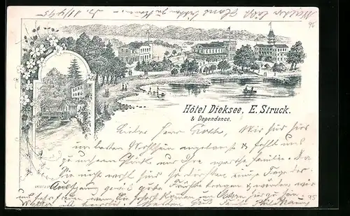 Vorläufer-Lithographie Malente, 1895, Hotel Dieksee & Dependance, Inh.: E. Struck