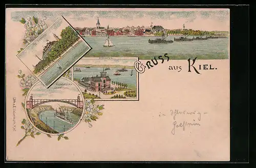 Lithographie Kiel, Ortsansicht, Kgl. Schloss, Seegarten