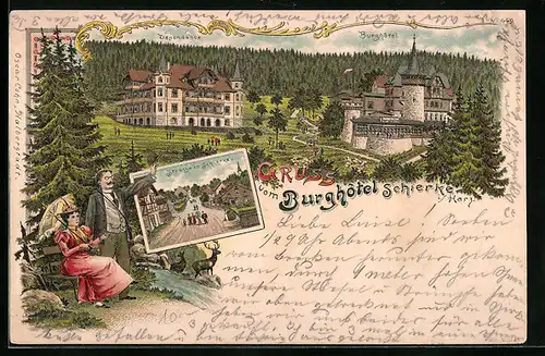 Lithographie Schierke i. Harz, Burghotel mit Dependance und Strasse in Schierke