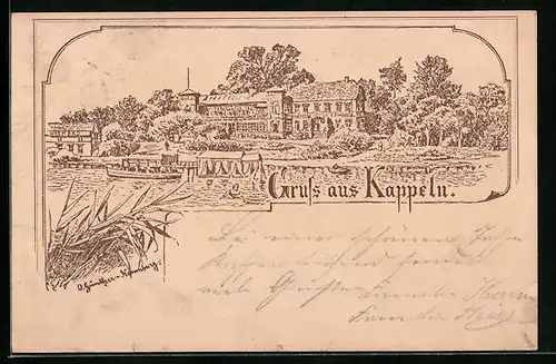 Lithographie Kappeln, Strandhotel mit Warmbad und Ruderpartie