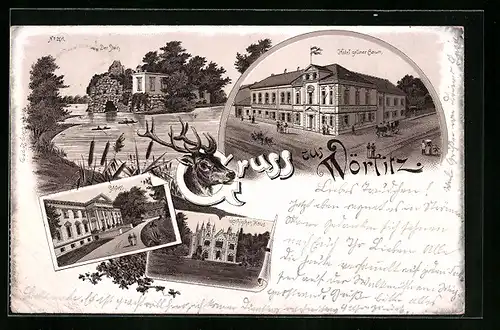 Lithographie Wörlitz, Hotel grüner Baum, Der Stein, Schloss