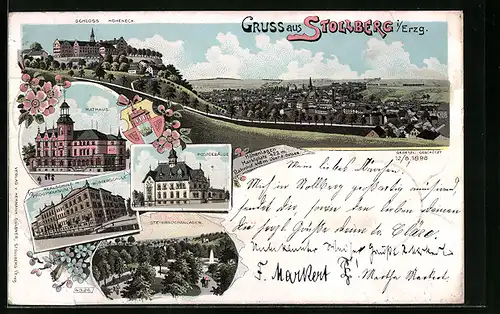 Lithographie Stollberg i. Erzg., Schloss Hoheneck, Realschule m. Progymnasium Bürgerschule