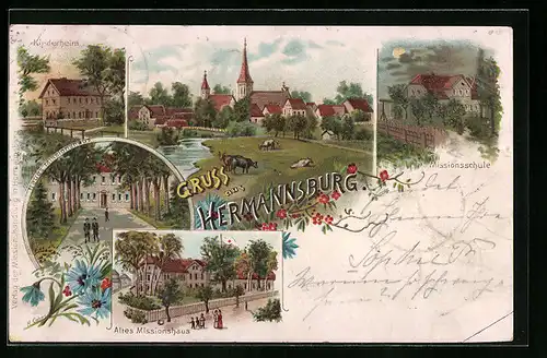 Lithographie Hermannsburg, Altes und neues Missionshaus, Missionsschule bei Mondschein