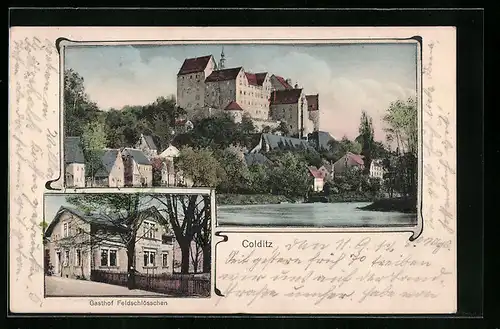 AK Colditz, Gasthof Feldschlösschen, Uferpartie mit Schloss