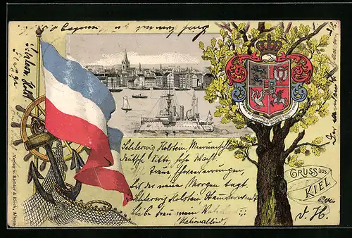 Passepartout-Lithographie Kiel, Hafen, Flagge, Baum mit Wappen