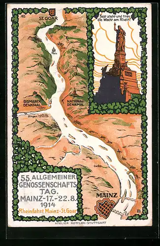 Künstler-AK Mainz, 55. Allgemeiner Genossenschaftstag 1914, Nationaldenkmal, Panorama mit St. Goar, Loreley und Bingen