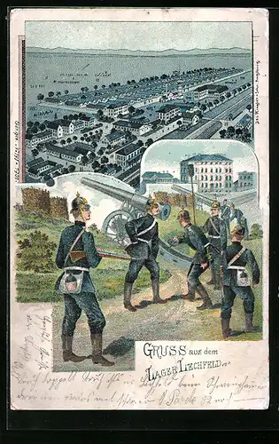 Lithographie Lager Lechfeld, Teilansicht, Ortspartie, Soldaten mit Kanone