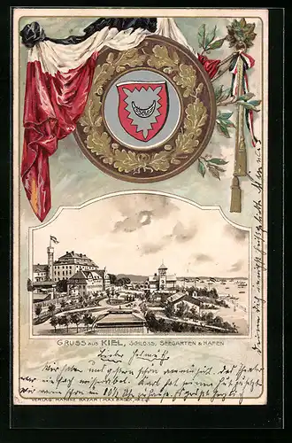 Passepartout-Lithographie Kiel, Schloss, Seegarten und Hafen, Wappen