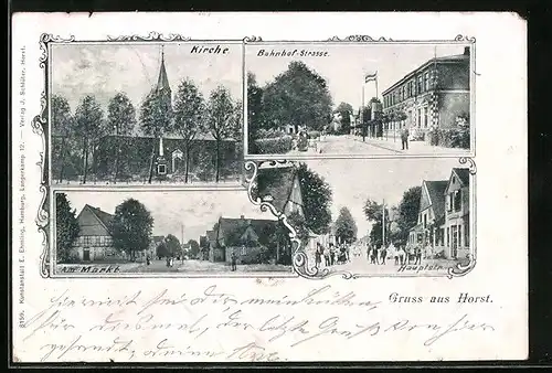 AK Horst, Bahnhof-Strasse, Hauptstrasse, Markt, Kirche