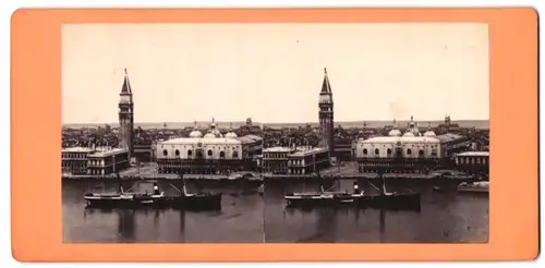 Stereo-Fotografie unbekannter Fotograf, Ansicht Venedig / Venezia, Markusturm & Dogenpalast von S. Giorgio gesehen