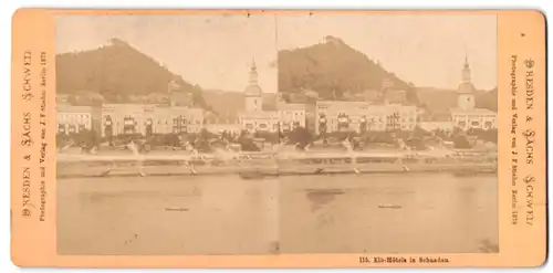 Stereo-Fotografie J.F. Stiehm, Berlin, Ansicht Schandau / Elbe, Hotelgebäude am Ufer der Elbe