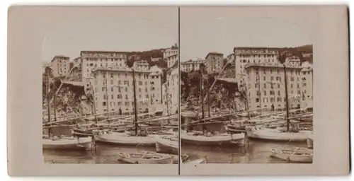 Stereo-Fotografie unbekannter Fotograf, Ansicht Genua, Boote und Trümmer eines eingestürzten Hauses am kleinen Seehafen