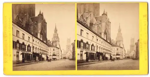Stereo-Fotografie J. Queval, Ansicht Genf, Strassenansicht mit Kathedrale und Ladengeschäften