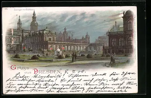 Lithographie Dresden, Zwinger mit Schloss bei Mondschein