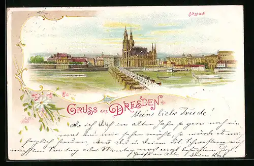 Lithographie Dresden, Altstadt mit Kirche