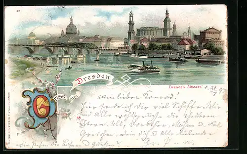 Lithographie Dresden, Altstadt mit Kirche