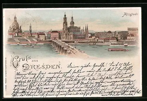 Lithographie Dresden, Altstadt mit Kirche
