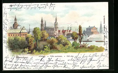 Lithographie Dresden, Altstadt mit Kirche