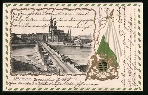 Präge-AK Dresden, Augustusbrücke und Kirche, Fahne und Wappen