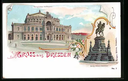 Lithographie Dresden, Königliches Hoftheater, König Johann-Denkmal