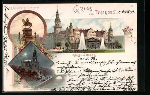 Lithographie Dresden, Königliches Schloss, Katholische Hofkirche bei Monschein, König Johann-Denkmal