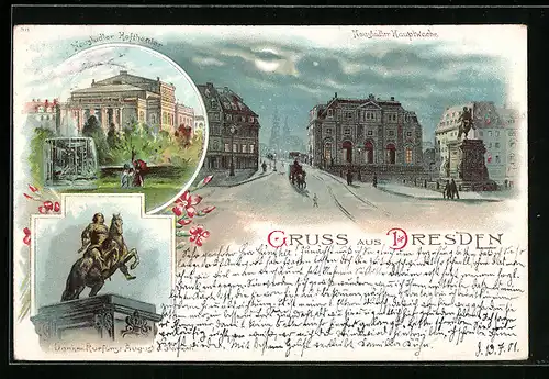 Lithographie Dresden, Neustädter Hauptwache bei Mondschein, Neustädter Hoftheater, Denkmal Kurfürst August d. Starken