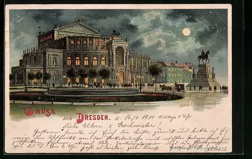 Lithographie Dresden, Hoftheater mit Denkmal bei Mondschein