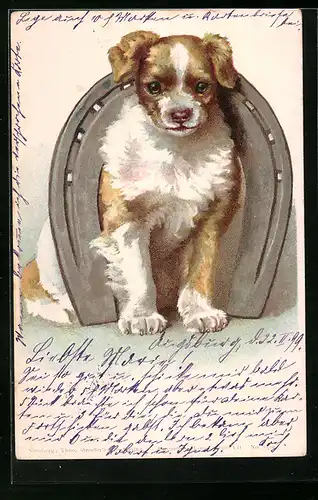 Lithographie Hund unter einem Hufeisen