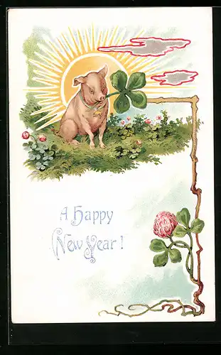 Präge-AK Schwein mit Kleeblatt vor strahlender Sonne, Neujahrsgruss