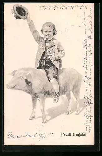AK Knabe sitzt auf einem Schwein, Neujahrsgruss