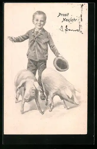 AK Knabe mit zwei Schweinen, Neujahrsgruss