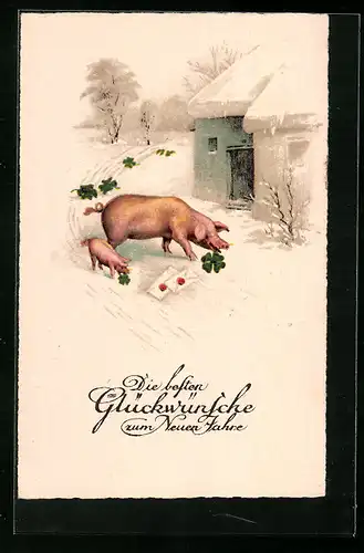 AK Schwein und Ferkel vor einem verschneiten Haus, Neujahrsgruss
