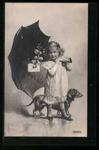 AK Kleines Mädchen mit Schirm und Dackel im Regen