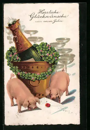 AK Zwei Schweine vor Sektflasche, Neujahrsgruss