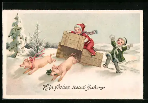 AK Kinder mit weglaufenden Schweinen im Schnee, Neujahrsgruss