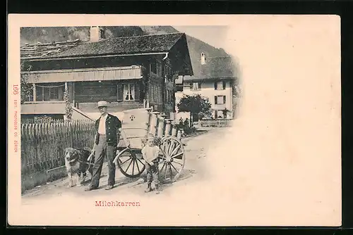 AK Mann mit Hund und Knabe vor einem Milchkarren