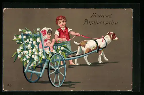 AK Kinder mit Hundewagen, Neujahrsgruss