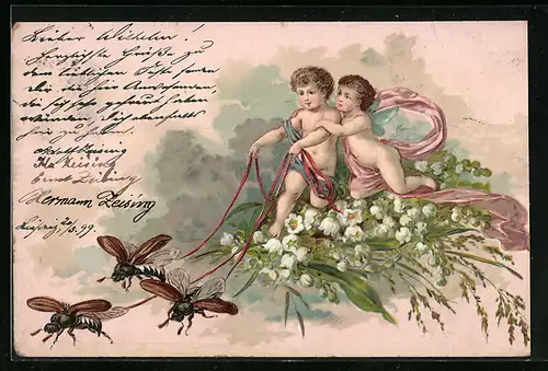 Lithographie Kinder auf Maiglöckchen mit Maikäfer an Leinen