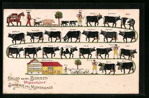Präge-AK Abfahrt von Kühen von der Alm