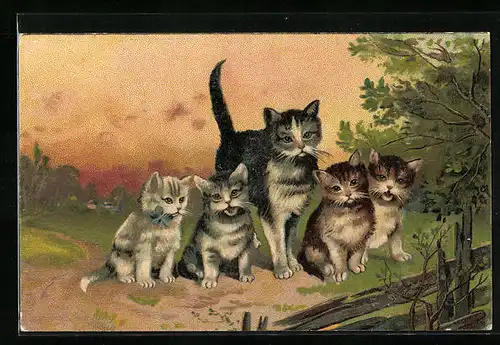 AK Getigerte Katze mit vier Jungen