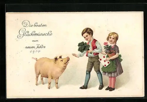 Präge-AK Kinderpaar mit Schwein und Blumentopf, Neujahrsgruss